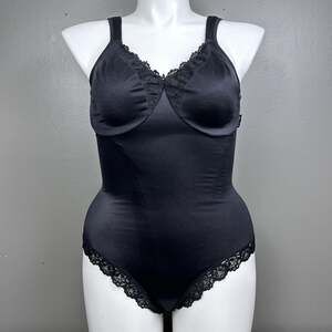Vintage Curvation Bodysuit 40D Second Skin Satin Black Underwire Bra Teddy Lace